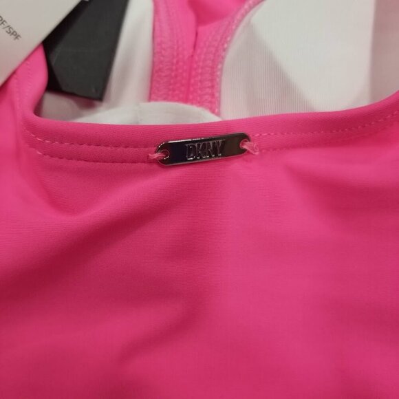 DKNY Ruffle Plunge Underwire Tummy Control One-Piece Swimsuit Neon Pink - Picture 9 of 11